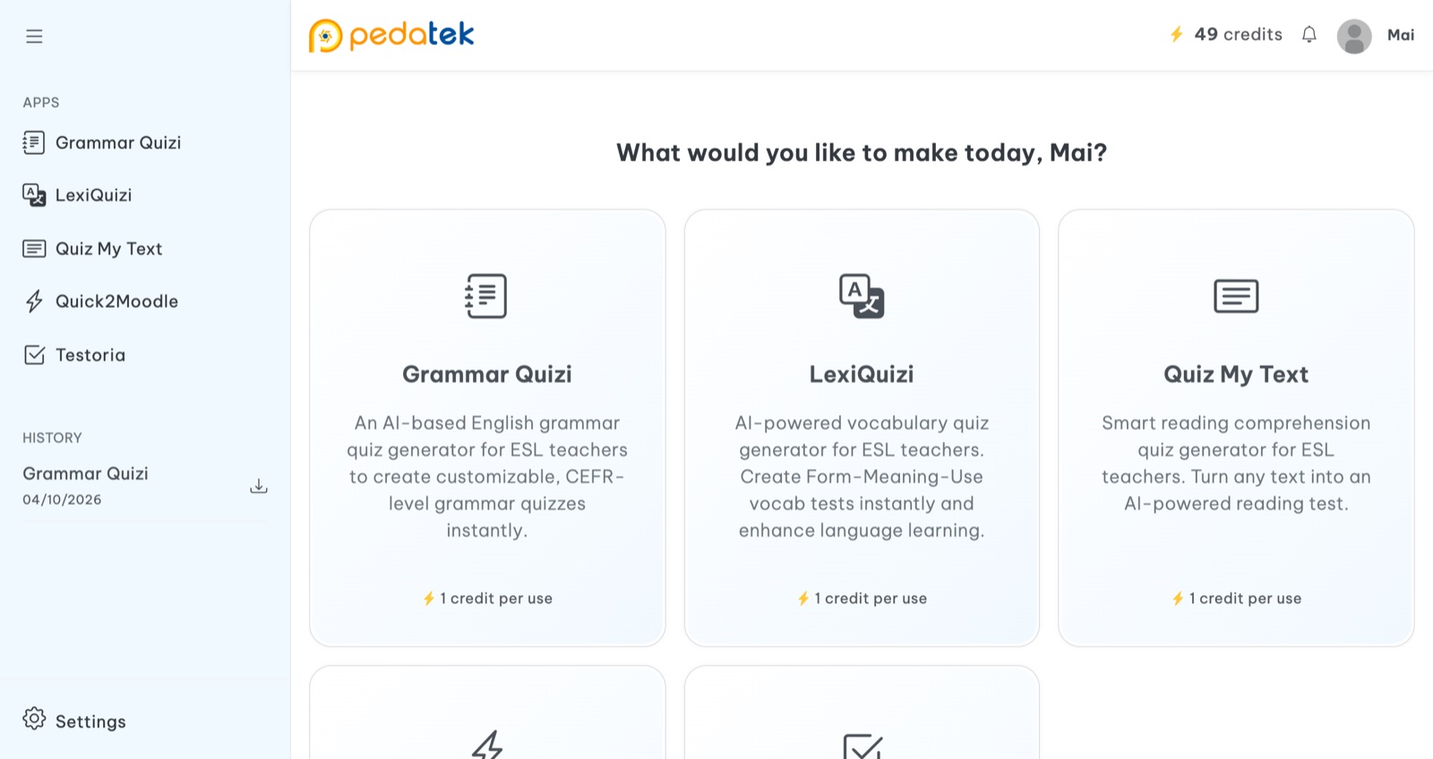 The Pedatek home screen: pick an app to make a quiz, with your saved work in History